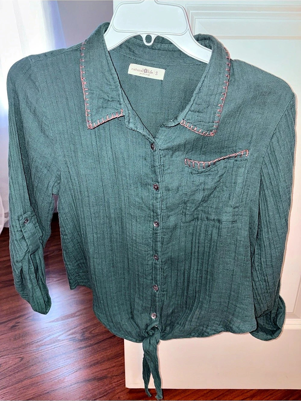 Natural Life Laid Back Cotton Button Down Top Green & Pink Small